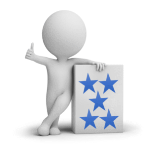 White 3D figure giving thumbs up gesture next to a card displaying five blue stars.