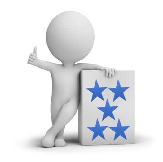 White 3D figure giving thumbs up gesture next to a card displaying five blue stars.