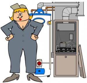 Cartoon HVAC technician in blue suit gesturing next to technical diagram of residential furnace and cooling system.