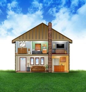 Cutaway diagram of a two-story house showing furnished rooms including bathroom, bedrooms, living room, and kitchen with a central brick chimney.