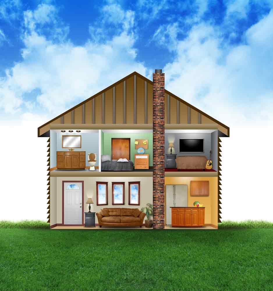 Cutaway diagram of a two-story house showing furnished rooms including bathroom, bedrooms, living room, and kitchen with a central brick chimney.