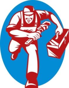 Vintage-style illustration of a smiling plumber in red and white holding a wrench and toolbox against a blue background.