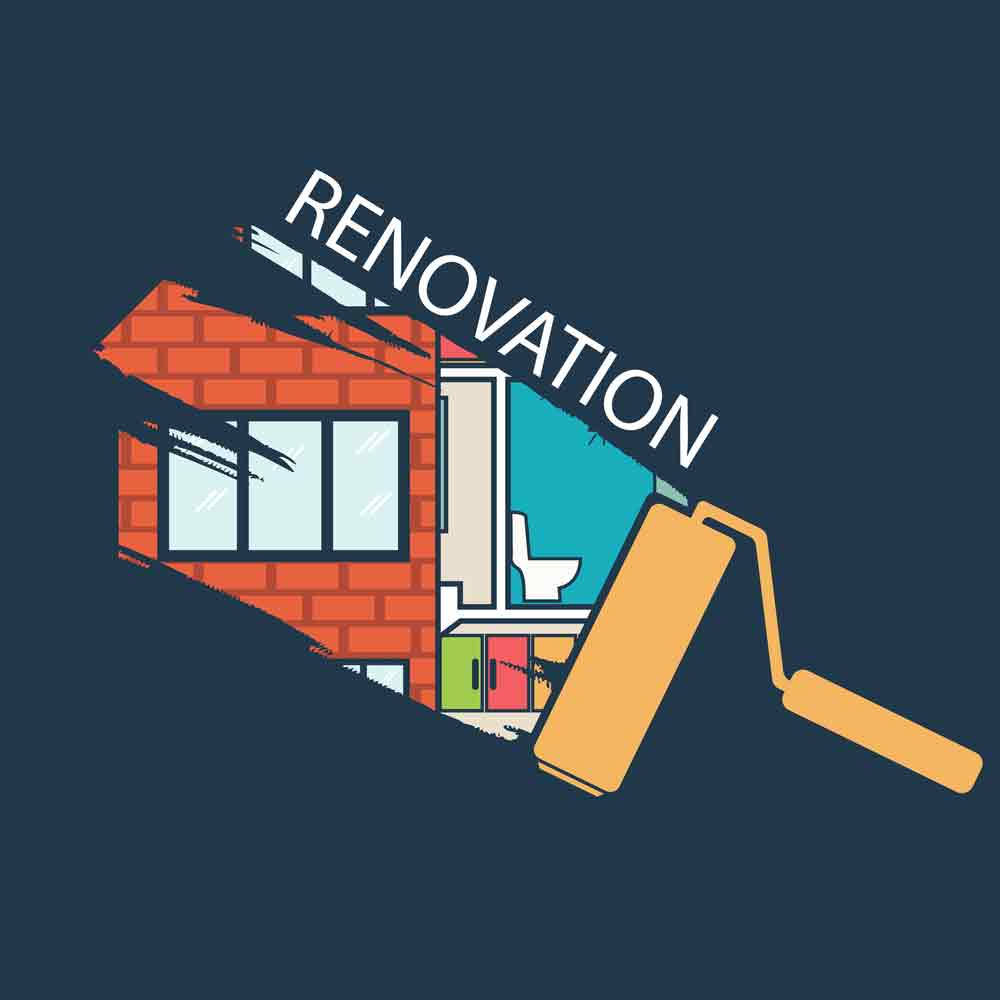 Colorful illustration of a brick house with renovation text overlay and a large paintbrush tool representing home remodeling services.