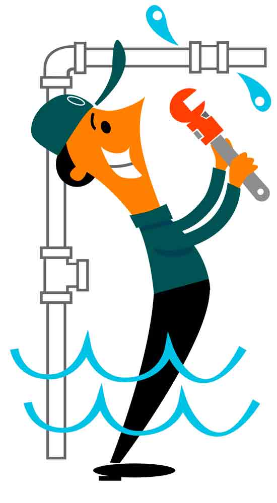 Cartoon plumber holding wrench and pipe with water waves and plumbing system in background.