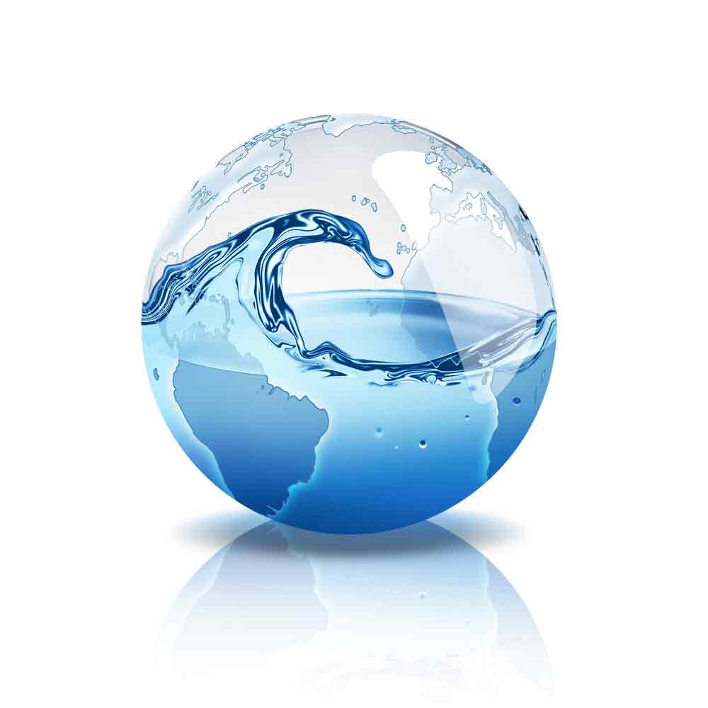 Transparent globe with water splashing inside, showing continents and oceans in blue tones.