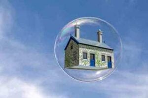 Stone cottage house enclosed within a transparent bubble floating against blue sky with clouds.