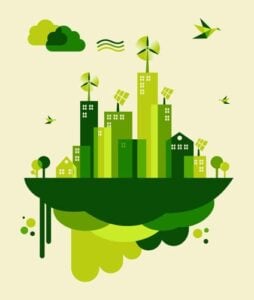 Floating island with green buildings, wind turbines, and solar panels representing sustainable urban development and eco-friendly city planning.