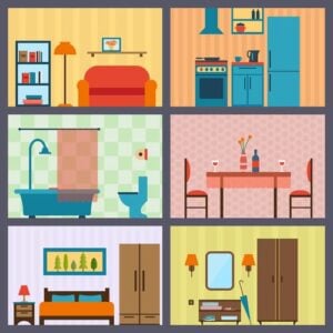 Six colorful illustrated rooms including living room, kitchen, bathroom, dining room, bedroom, and bedroom with ventilation equipment and home appliances.