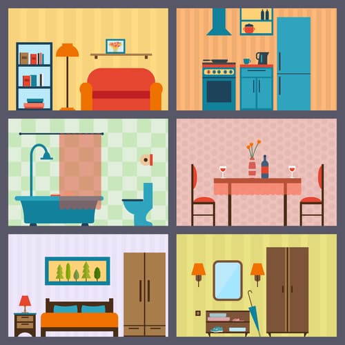 Six colorful illustrated rooms including living room, kitchen, bathroom, dining room, bedroom, and bedroom with ventilation equipment and home appliances.