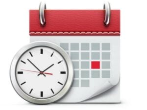 Analog clock next to a calendar with a red highlighted date, representing time management and scheduling.