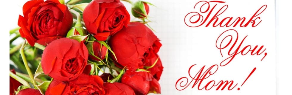 Bouquet of vibrant red roses with green stems next to red cursive text reading 'Thank You, Mom!' on white background.