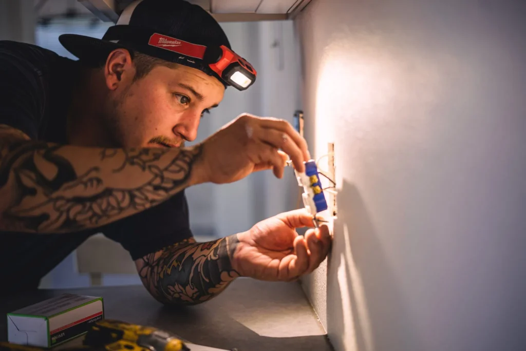Tattooed electrician wearing Milwaukee headlamp installs electrical outlet into wall during construction work.