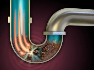 Cross-section of a U-shaped pipe showing severe buildup of rust, corrosion, and sediment blocking water flow.