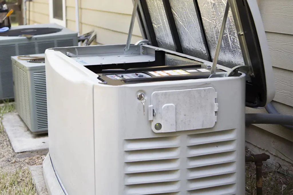 Open white portable generator unit with protective covers and metal frame mounted outside residential home near HVAC units.
