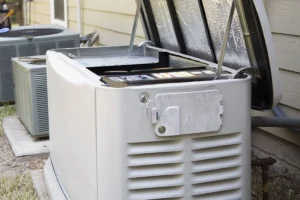 Open white portable generator unit with protective covers and metal frame mounted outside residential home near HVAC units.