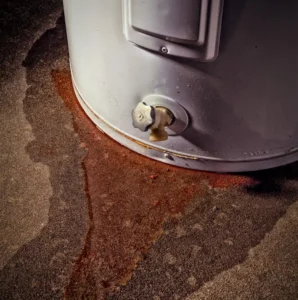 Corroded water heater tank with rust stains on concrete floor below the drain valve and relief valve outlets.