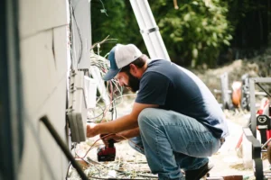 Bearded electrician in blue cap crouches while connecting wires to an outdoor electrical panel on a residential property.