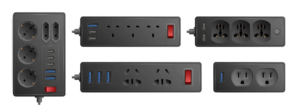 Collection of six black power strips and extension cords with multiple AC outlets, USB ports, and USB-C ports for charging and powering devices.