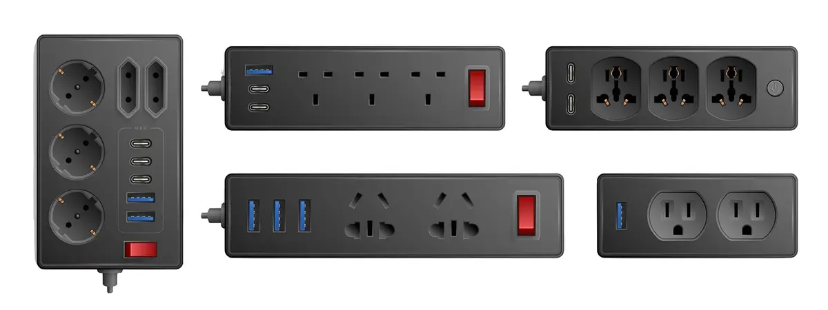 Collection of six black power strips and extension cords with multiple AC outlets, USB ports, and USB-C ports for charging and powering devices.