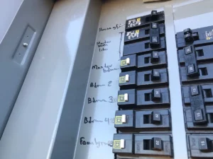 Home electrical circuit breaker panel with multiple 20-amp breakers and handwritten labels including Master Bath, Master Bedroom, Blvd zones, and Fam Rm.