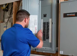 Electrician in blue shirt examining electrical panel with GENERAC branding and multiple circuit breakers.