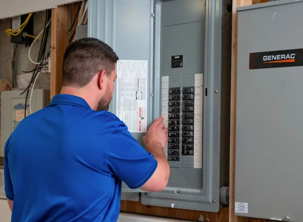 Electrician in blue shirt examining electrical panel with GENERAC branding and multiple circuit breakers.