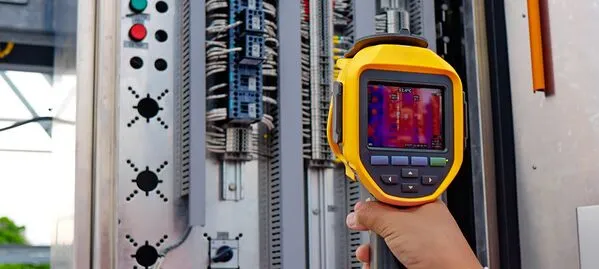 Technician using thermal imaging camera to inspect electrical panel connections and wiring systems.
