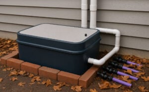 Dark blue greywater collection tank with white PVC pipes and purple drainage lines installed against house foundation on brick base.