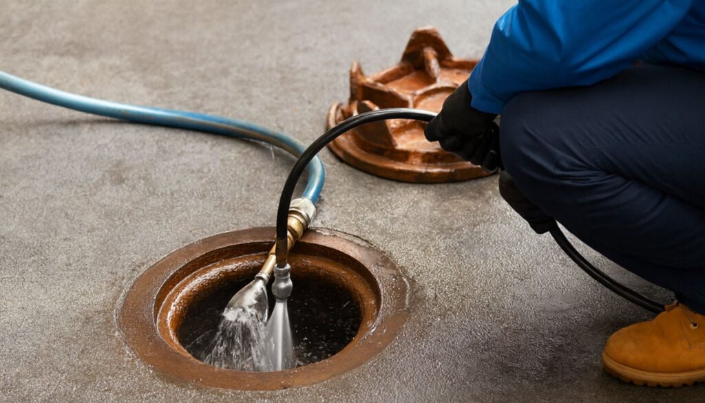 Professional using high-pressure water jet equipment to clean a clogged underground drain pipe with copper fitting.