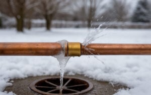 Water spraying from a burst copper pipe with brass fitting in freezing winter conditions with snow and ice.