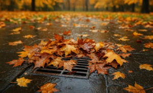 Storm drain covered with golden and orange fallen maple leaves during autumn rain on a wet street.