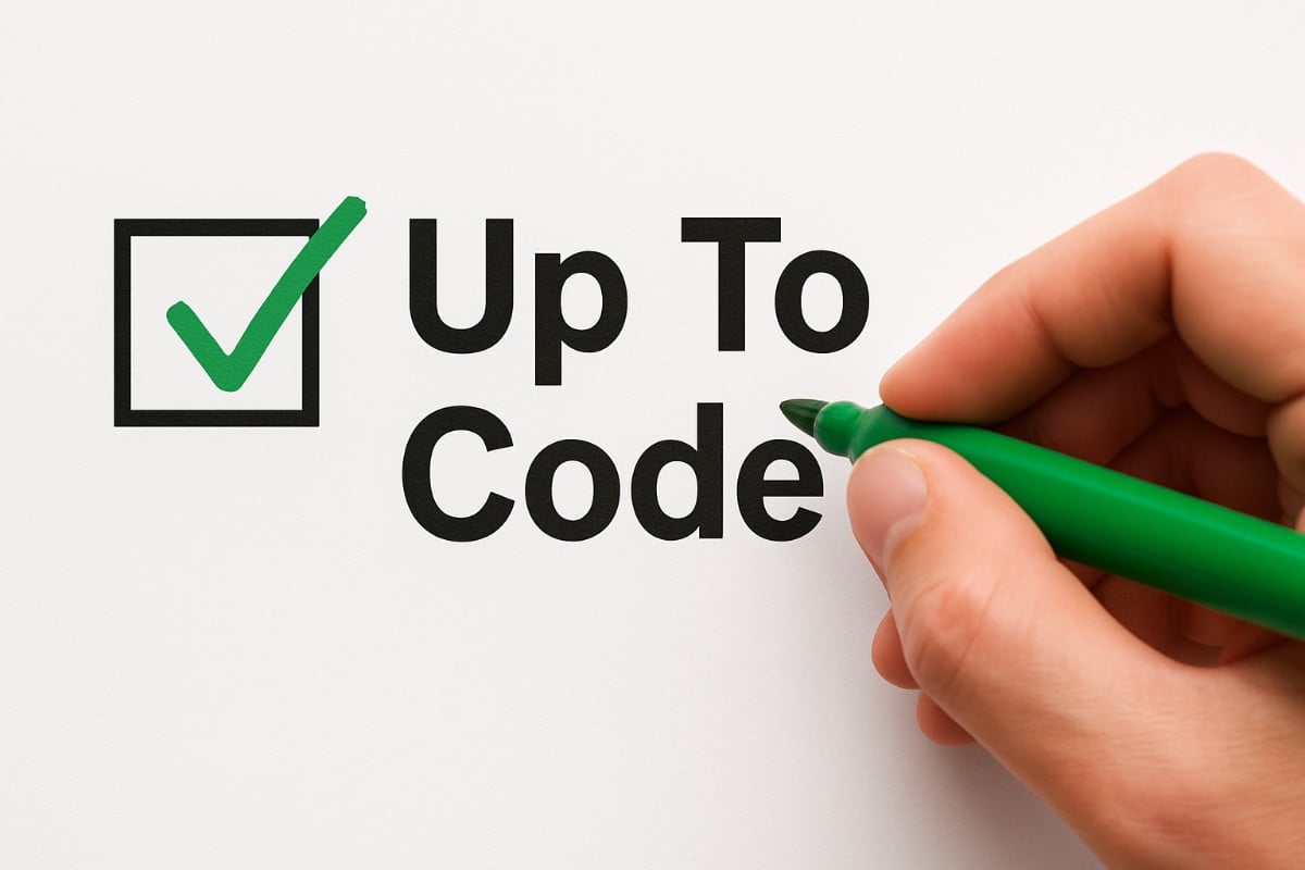 Hand holding green marker drawing checkmark next to text reading Up To Code on white background.