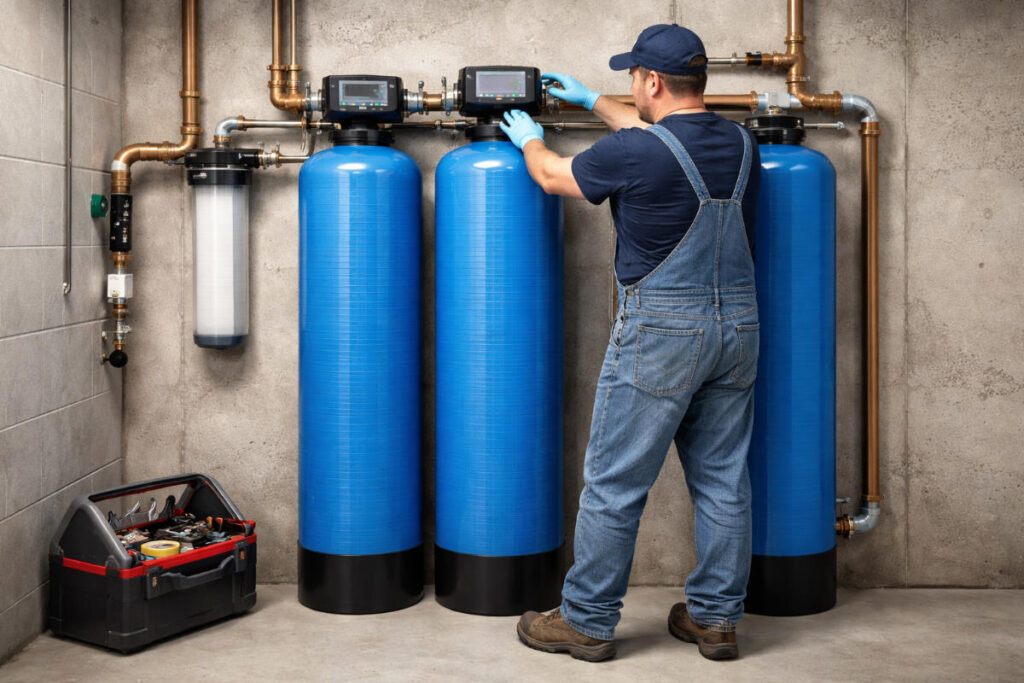Technician in blue overalls and gloves adjusting digital meters on a residential whole-home water filtration system with three large blue tanks.