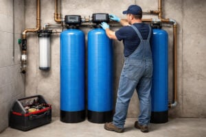 Technician in blue overalls and gloves adjusting digital meters on a residential whole-home water filtration system with three large blue tanks.