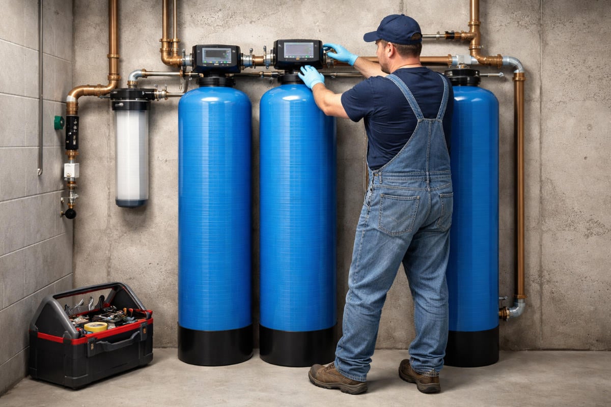 Technician in blue overalls and gloves adjusting digital meters on a residential whole-home water filtration system with three large blue tanks.