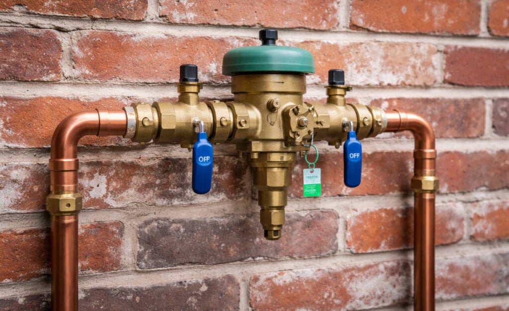 Brass backflow preventer mounted on brick wall with copper piping and blue OFF ball valve handles and green cap.