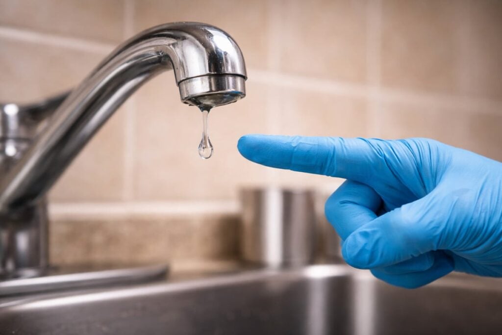 Gloved hand catching a water droplet from a dripping kitchen faucet, highlighting water waste and plumbing issues.