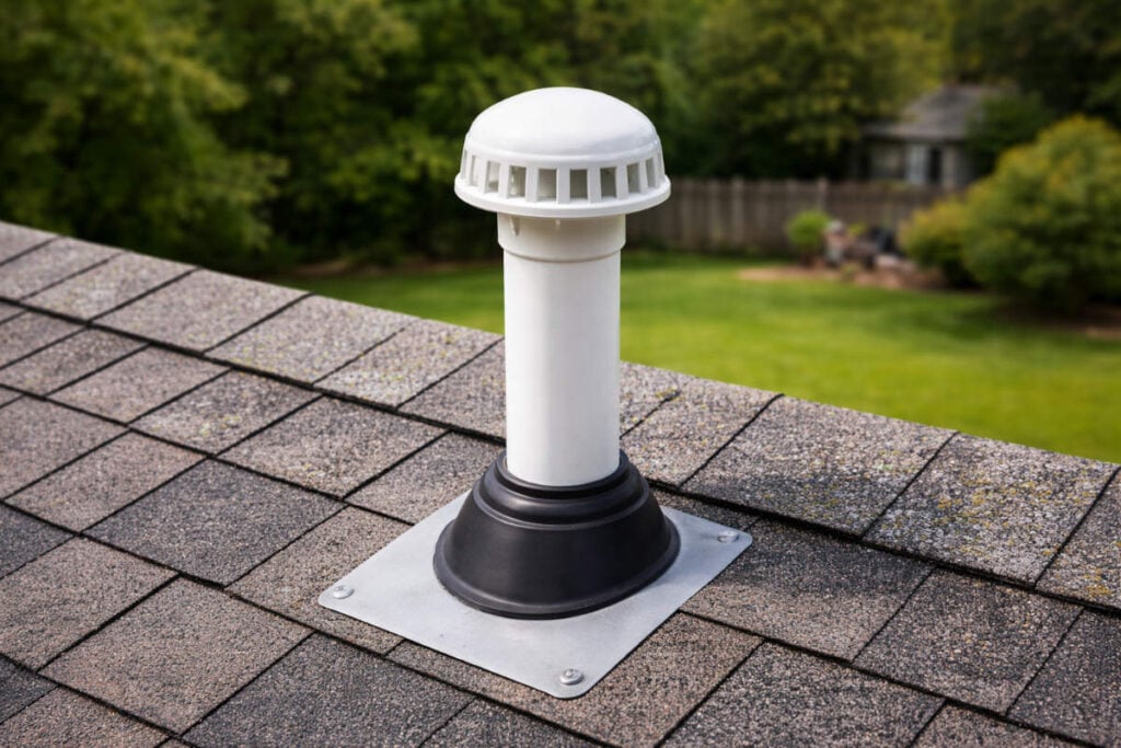 White PVC plumbing vent pipe with dome cap installed on gray asphalt shingle roof with residential yard in background.