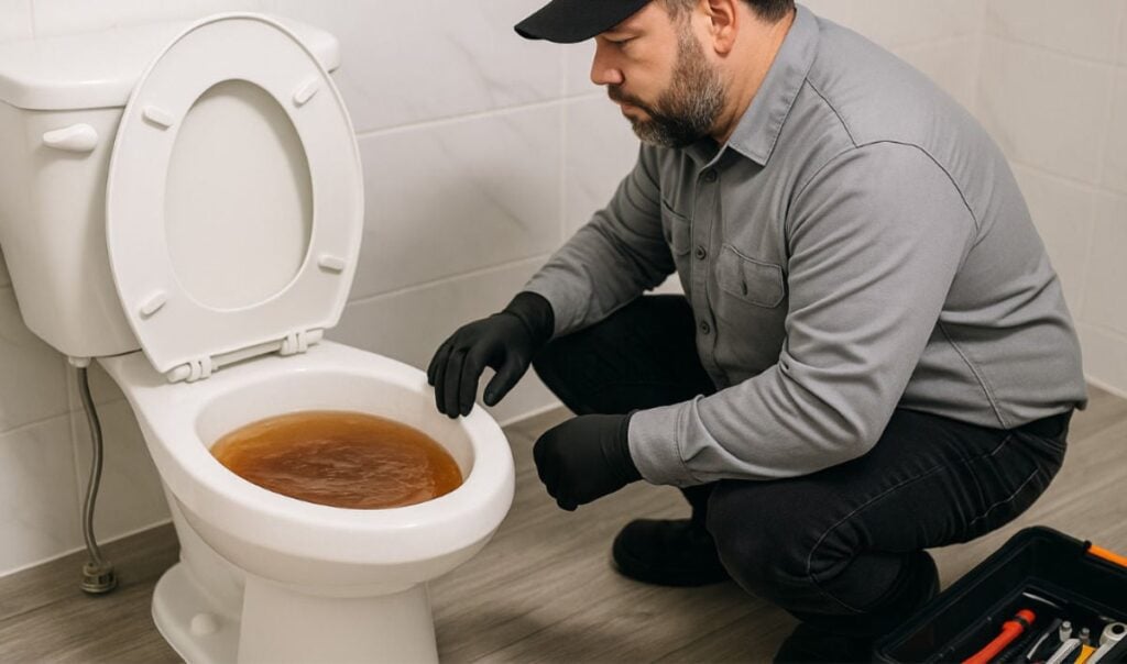 Professional plumber in gray shirt and black gloves inspecting a toilet filled with brown water, examining clogged toilet problems.