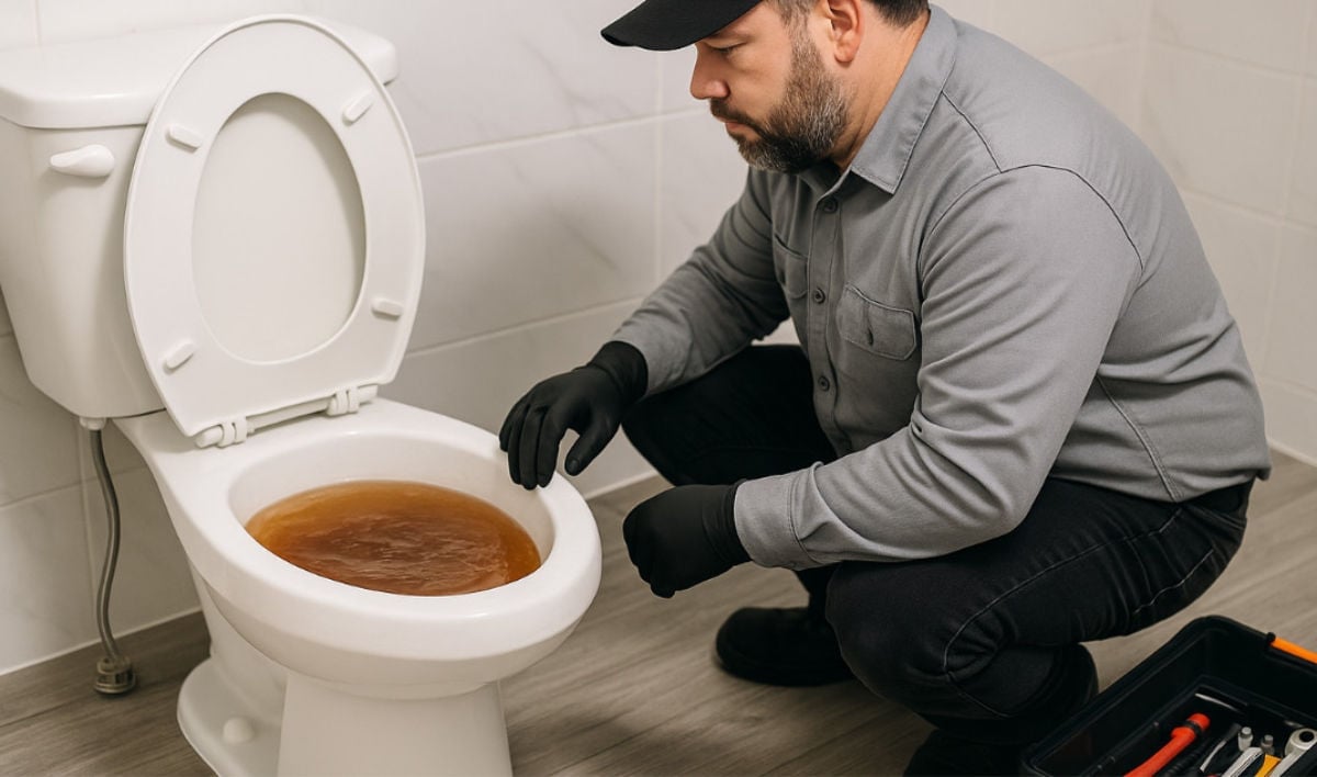 Professional plumber in gray shirt and black gloves inspecting a toilet filled with brown water, examining clogged toilet problems.