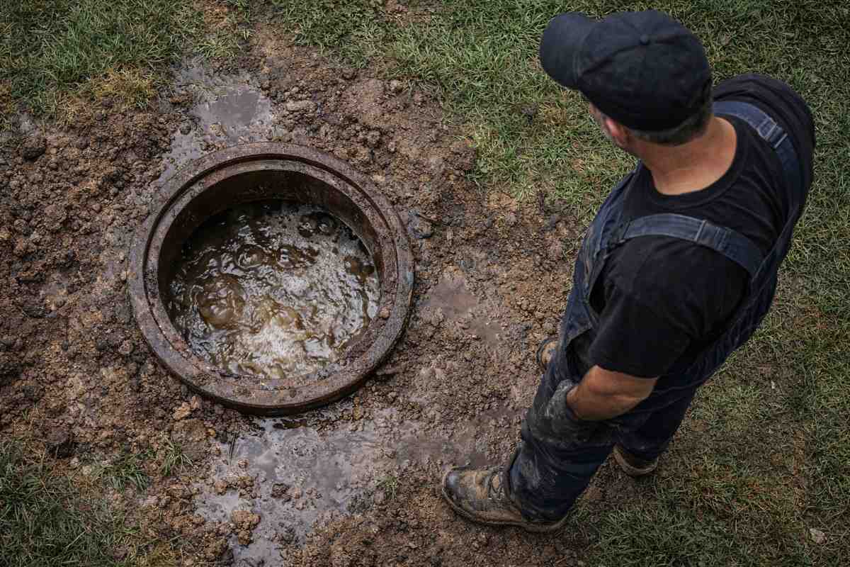 A worker in dark clothing and cap stands over an open sewer manhole filled with murky water and debris on muddy ground.
