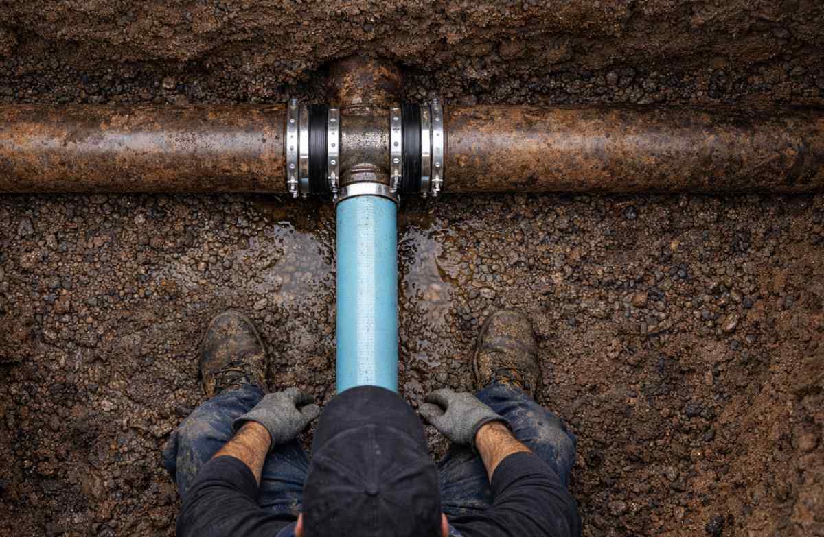 Worker standing over rusty metal sewer pipes connected with metal clamps and a blue PVC pipe section underground.