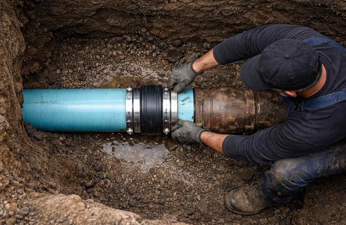 Worker in gloves connecting blue and brown sewer pipes with metal coupling clamps in underground trench.