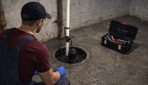 Plumber in blue work gloves and navy cap inspects a sump pump in a basement corner next to an open black toolbox.