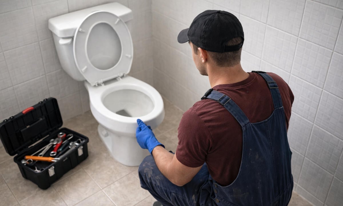 Professional plumber wearing blue gloves and overalls inspects a white toilet in a tiled bathroom with tools nearby.