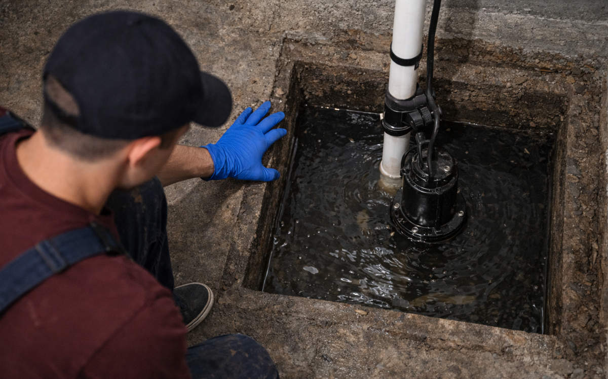 Worker wearing blue gloves inspecting a sump pump installed in a square concrete pit with water and white PVC pipe.