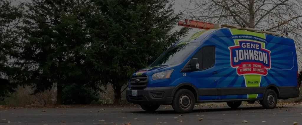 Blue service van with Gene Johnson Heating Cooling Plumbing Electrical branding parked on residential street with trees.
