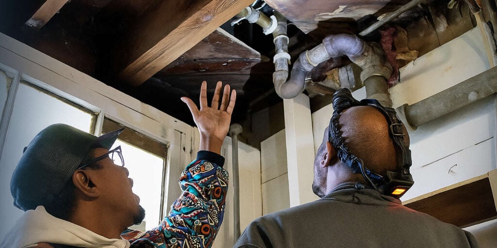 Two workers inspect exposed plumbing pipes and damage in a ceiling, with one pointing upward at the damaged area.