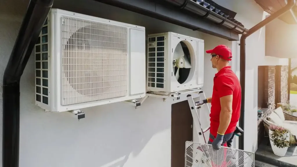 HVAC technician in red uniform standing on ladder while installing outdoor air conditioning condenser unit on residential wall.