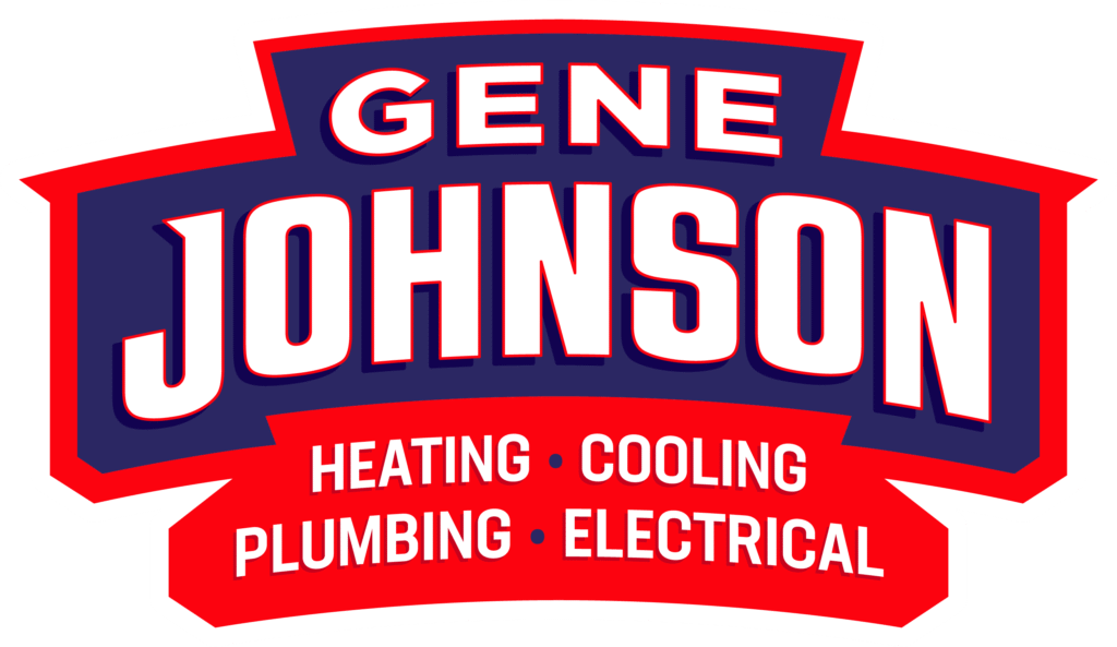 Gene Johnson logo featuring red and dark blue banner design with company name and services: Heating, Cooling, Plumbing, Electrical.